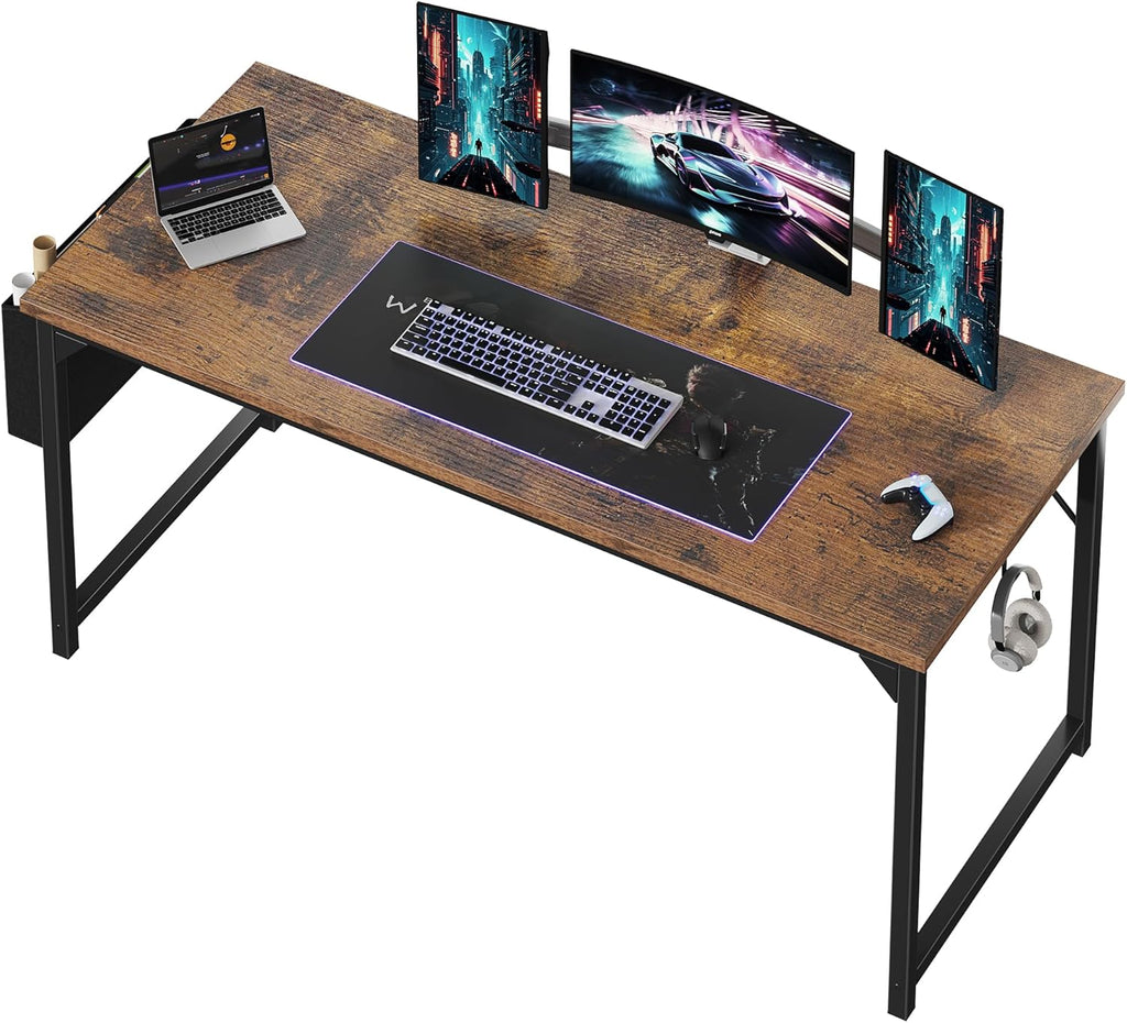 Computer Desk 55 Inch Home Office Desks for Small Spaces, Gaming Writing Study Work Table with Storage Bag and Headphone Hook for Bedroom, White