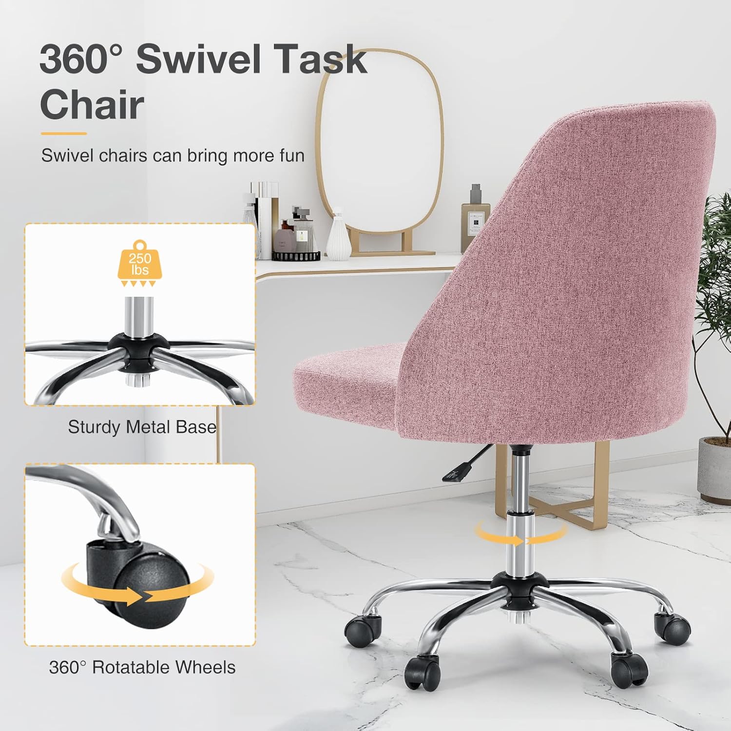 Armless Vanity Chair, Cute Comfy Home Office Desk Chair with Wheels, Modern Upholstered Task Computer Seat for Bedroom, Study, Makeup Vanity, Height Adjustable & Swivel Fit, Dusty Pink