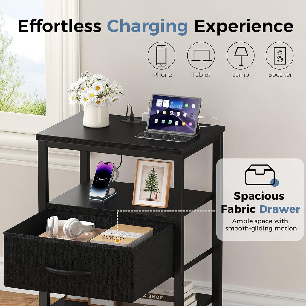 Nightstands Set of 2 with Charging Station, Bedside Table with USB Ports & Type-C, 2 Fabric Drawers Night Stand with Open Shelf, Compact End Table for Bedroom, Rustic Brown