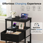 Nightstand with Charging Station, Bedside Tables with USB Ports and Fabric Drawer, Small Night Stand with Open Adjustable Shelf, Compact End Table for Bedroom, Black