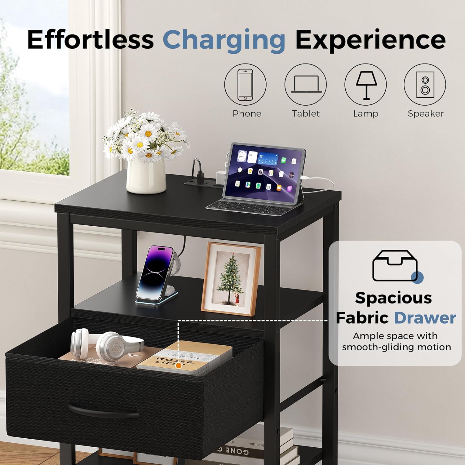 Nightstand with Charging Station, Bedside Tables with USB Ports and Fabric Drawer, Small Night Stand with Open Adjustable Shelf, Compact End Table for Bedroom, Black