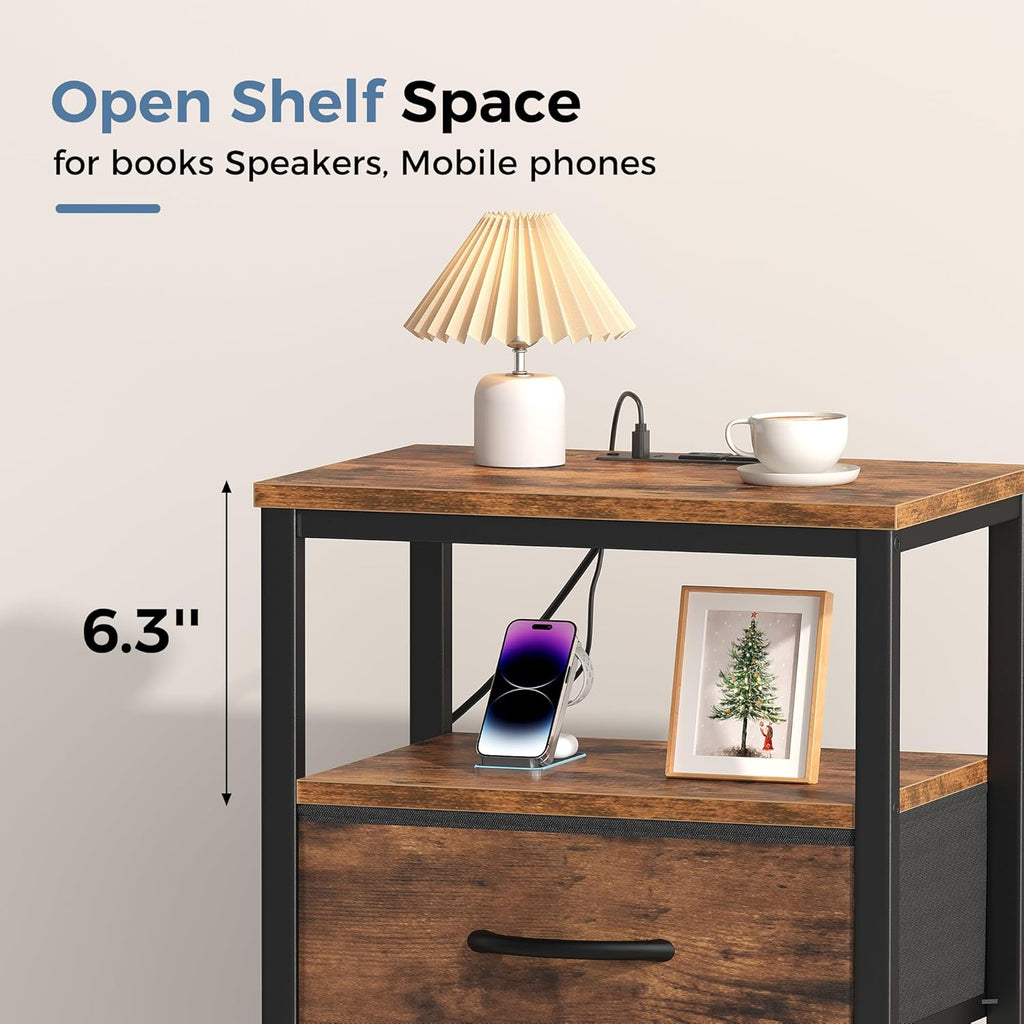 Nightstands Set of 2 with Charging Station, Bedside Table with USB Ports & Type-C, 2 Fabric Drawers Night Stand with Open Shelf, Compact End Table for Bedroom, Rustic Brown