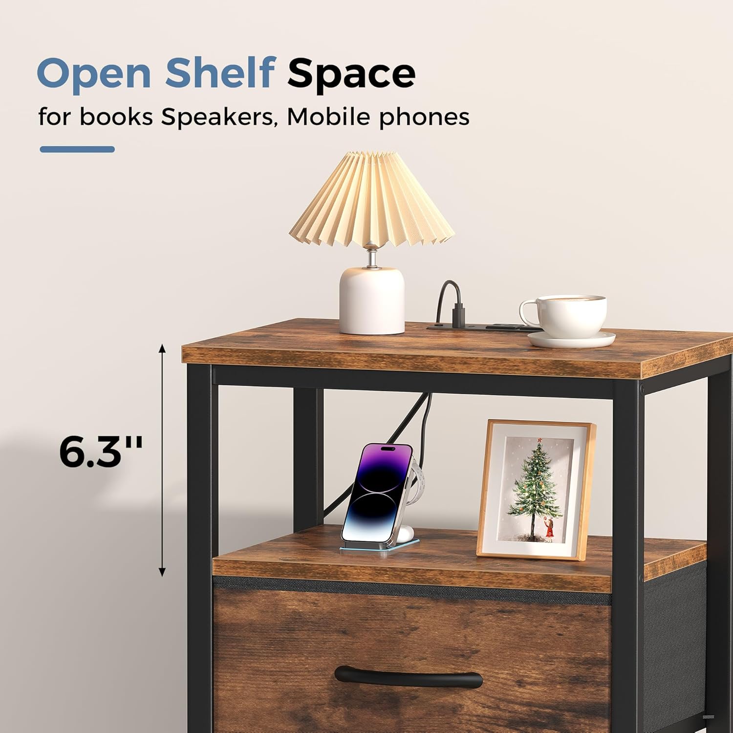 Nightstands Set of 2 with Charging Station, Bedside Table with USB Ports & Type-C, 2 Fabric Drawers Night Stand with Open Shelf, Compact End Table for Bedroom, Rustic Brown