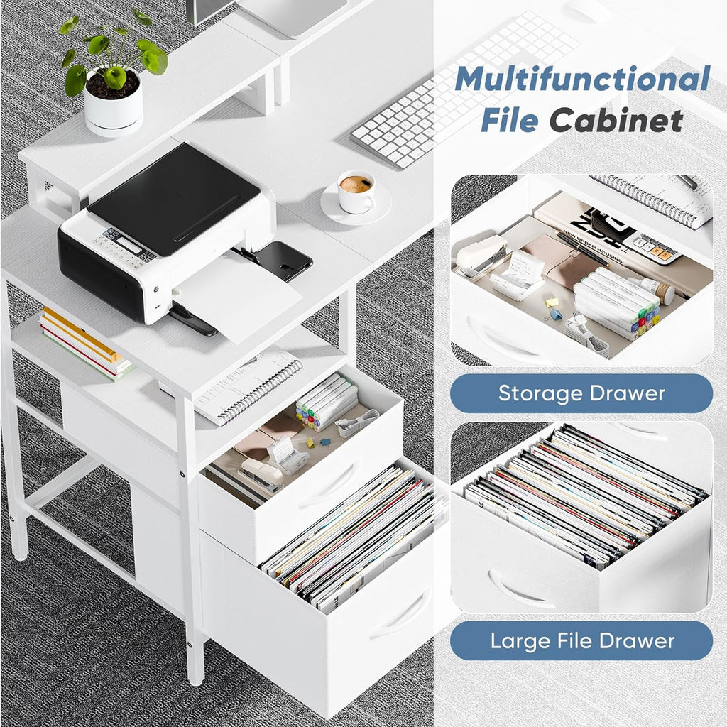62 Inch L Shaped Gaming Desk with Charging Station & 2 Monitor Stands, Computer Desk with Drawer & Adjustable Storage Shelves, Large Corner Desk for Home Office, White