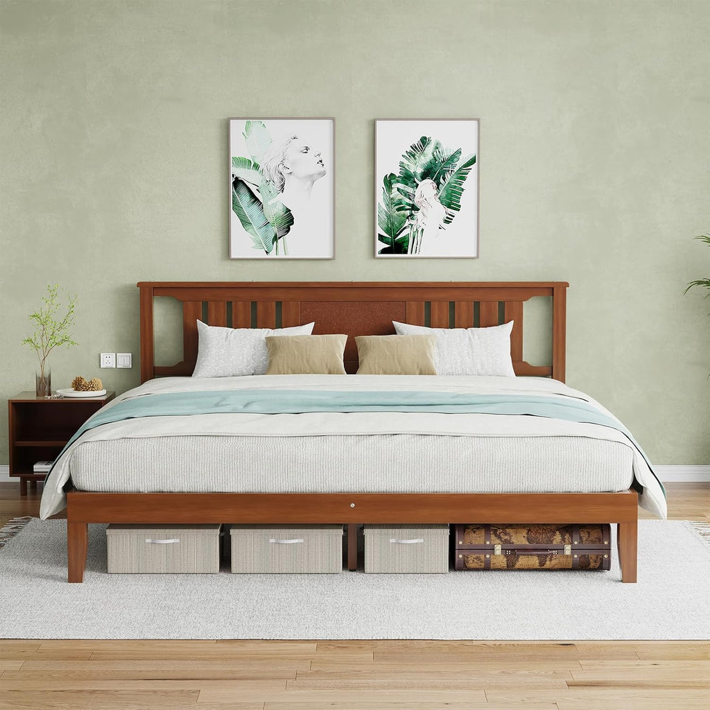 Queen Size Wood Bed Frame with Headboard, Solid Natural Wooden Platform Bed Base, Heavy Duty Slat Support Mattress Foundation, No Box Spring Needed, Low-Profile Design