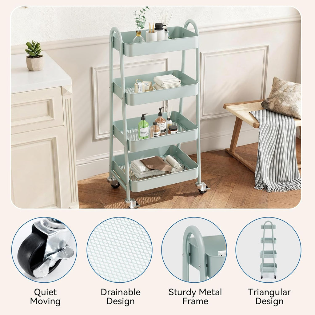 4-Tier Metal Rolling Cart with Lockable Wheels - Mobile Storage Organizer, Utility Shelving Unit for Kitchen, Office, Bathroom, Laundry, Narrow Places, Green