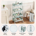 4-Tier Metal Rolling Cart with Lockable Wheels - Mobile Storage Organizer, Utility Shelving Unit for Kitchen, Office, Bathroom, Laundry, Narrow Places, Green