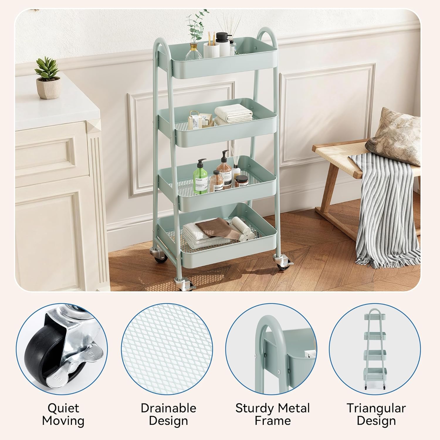 4-Tier Metal Rolling Cart with Lockable Wheels - Mobile Storage Organizer, Utility Shelving Unit for Kitchen, Office, Bathroom, Laundry, Narrow Places, Green