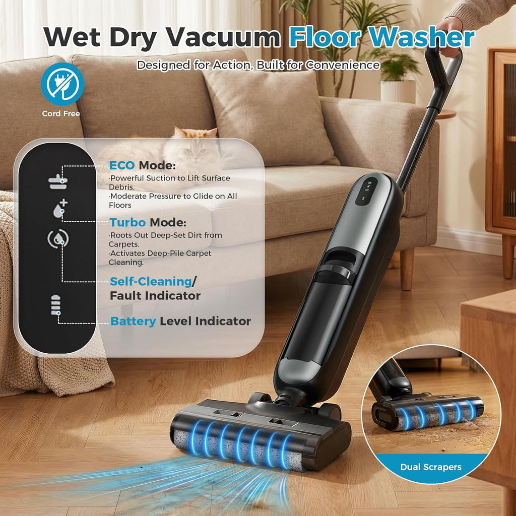 Wet Dry Vacuum Cleaner, Cordless All-in-One Vac Mops, Vacuum Mop with Self-Cleaning System, Dual Water Tank Design, Tangle-Free Brush, Dual-Edge Cleaning, 35-Min Runtime