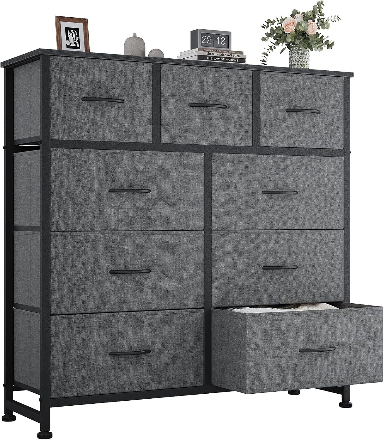 9 Drawer Storage Dresser with Wood Top - Wide Fabric Chest Organizer for Bedroom, Closet, Living Room,Tower Cabinet, TV Stand, Hallway Entryway Furniture,Bright White