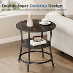 Side Round Table for Living Room, 2-Tier Accent End Table with Storage Shelf,Sturdy Metal Frame Nightstand for Small Space, Round Bedside, Grey Wood Grain