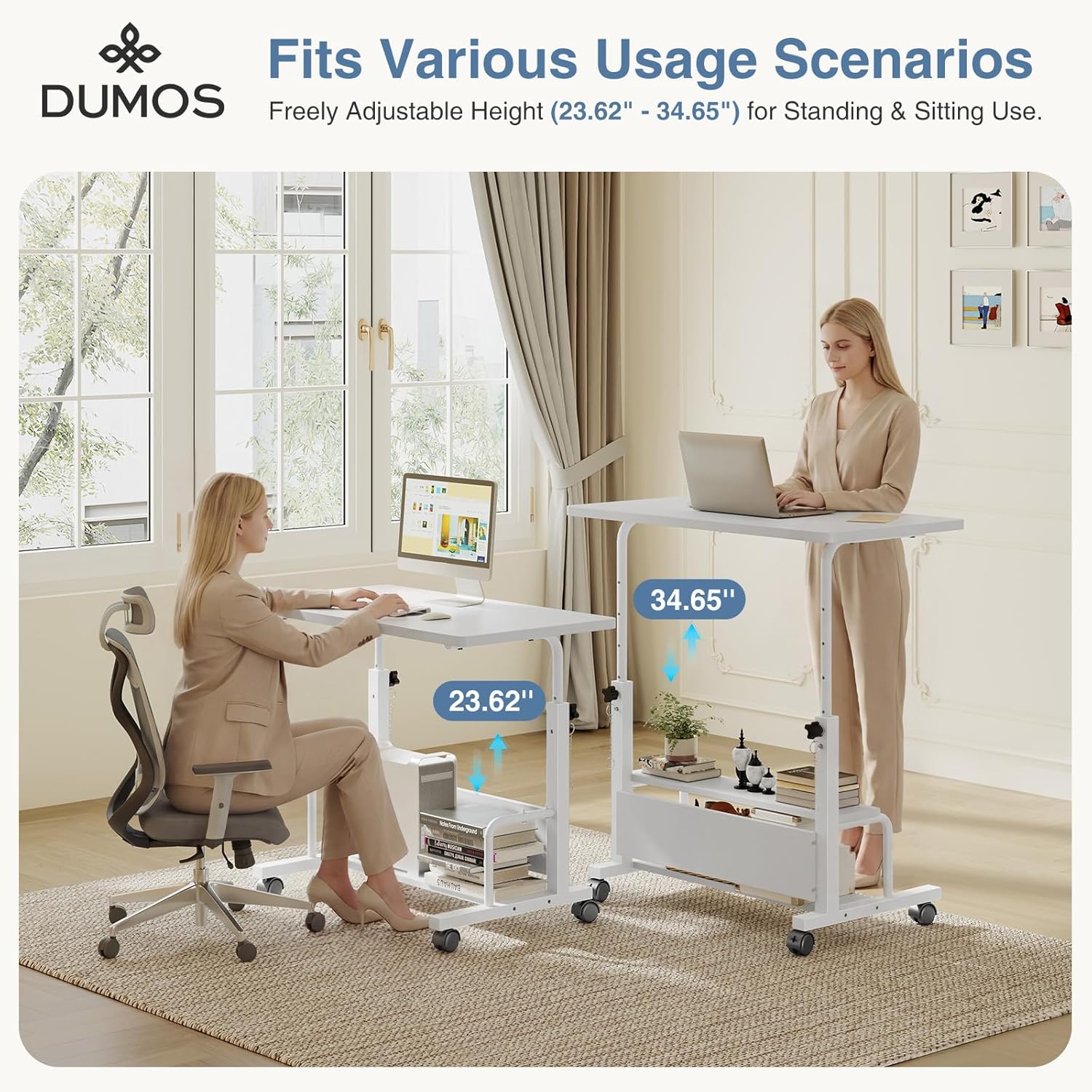 31.5 Manual Standing Desk, Height Adjustable Mobile Computer Desk with Lockable Wheels & 2-Tier Storage, Rolling Laptop Table for Small Spaces & Home Office, White