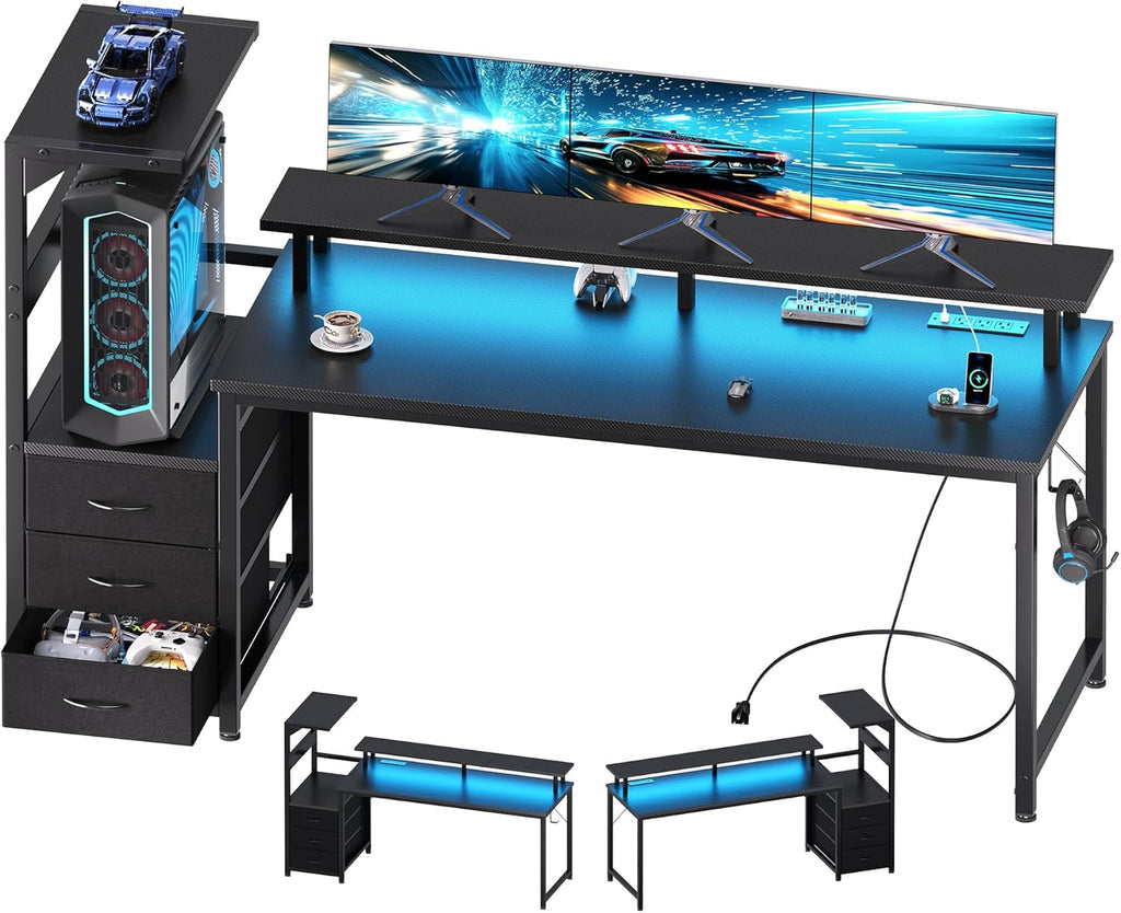 L Shaped Gaming Desk with Shelves Storage Drawers 52'', White Computer Desks with LED Lights Power Outlets, Office Wood Table with PC Stand Cable Management for Bedroom Dual Monitor Streaming
