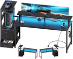 L Shaped Gaming Desk with Shelves Storage Drawers 52'', Black Computer Desks with LED Lights Power Outlets, Office Wood Table with PC Stand Cable Management for Bedroom Dual Monitor Streaming