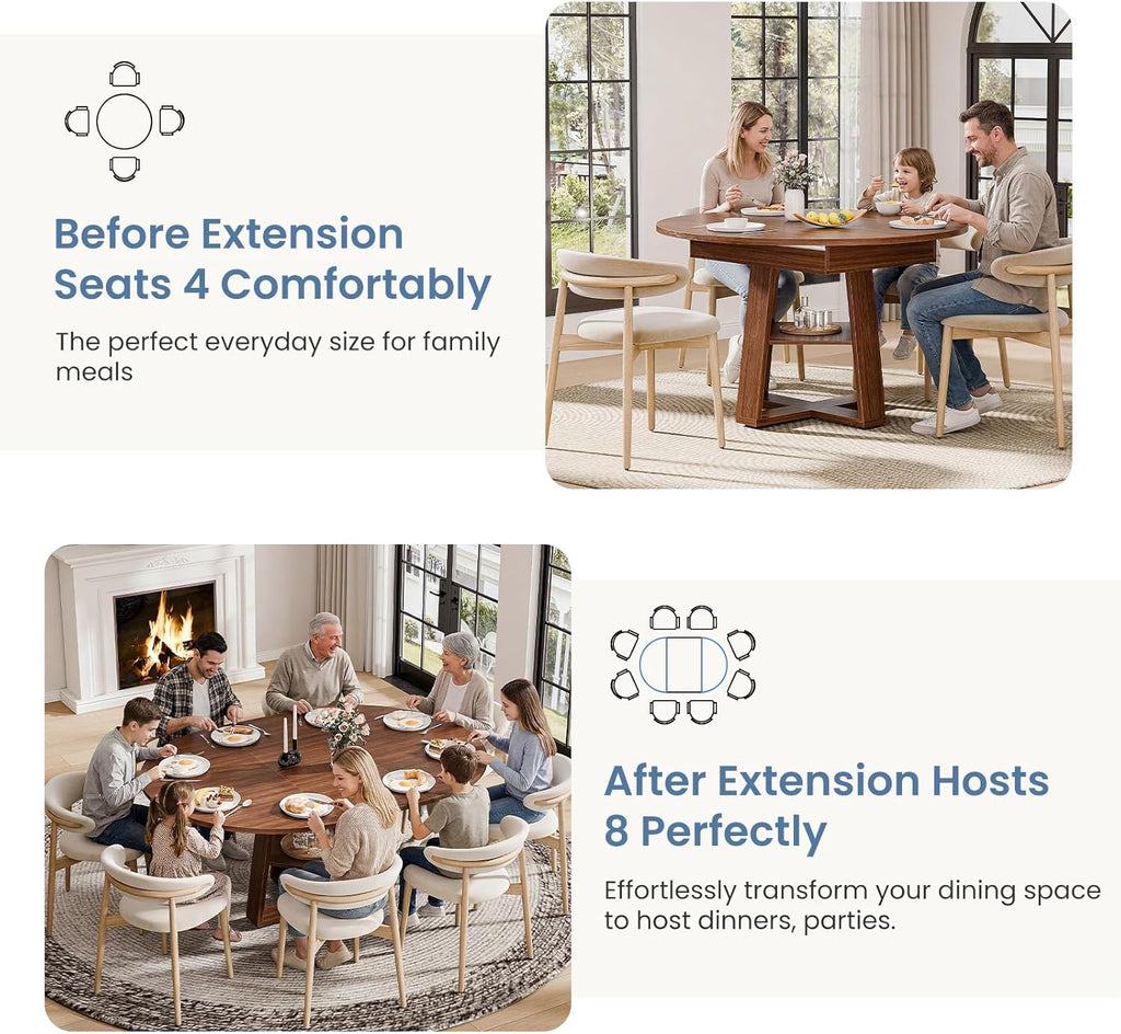 Extendable Round Dining Table for 4-8, Modern Kitchen Oval Dinner Table with Storage Shelf, Wood Pedestal Table, Space Saving Modern Style, Brown