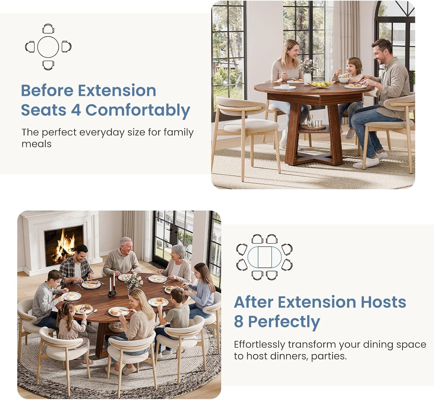 Extendable Round Dining Table for 4-8, Modern Kitchen Oval Dinner Table with Storage Shelf, Wood Pedestal Table, Space Saving Modern Style, Brown