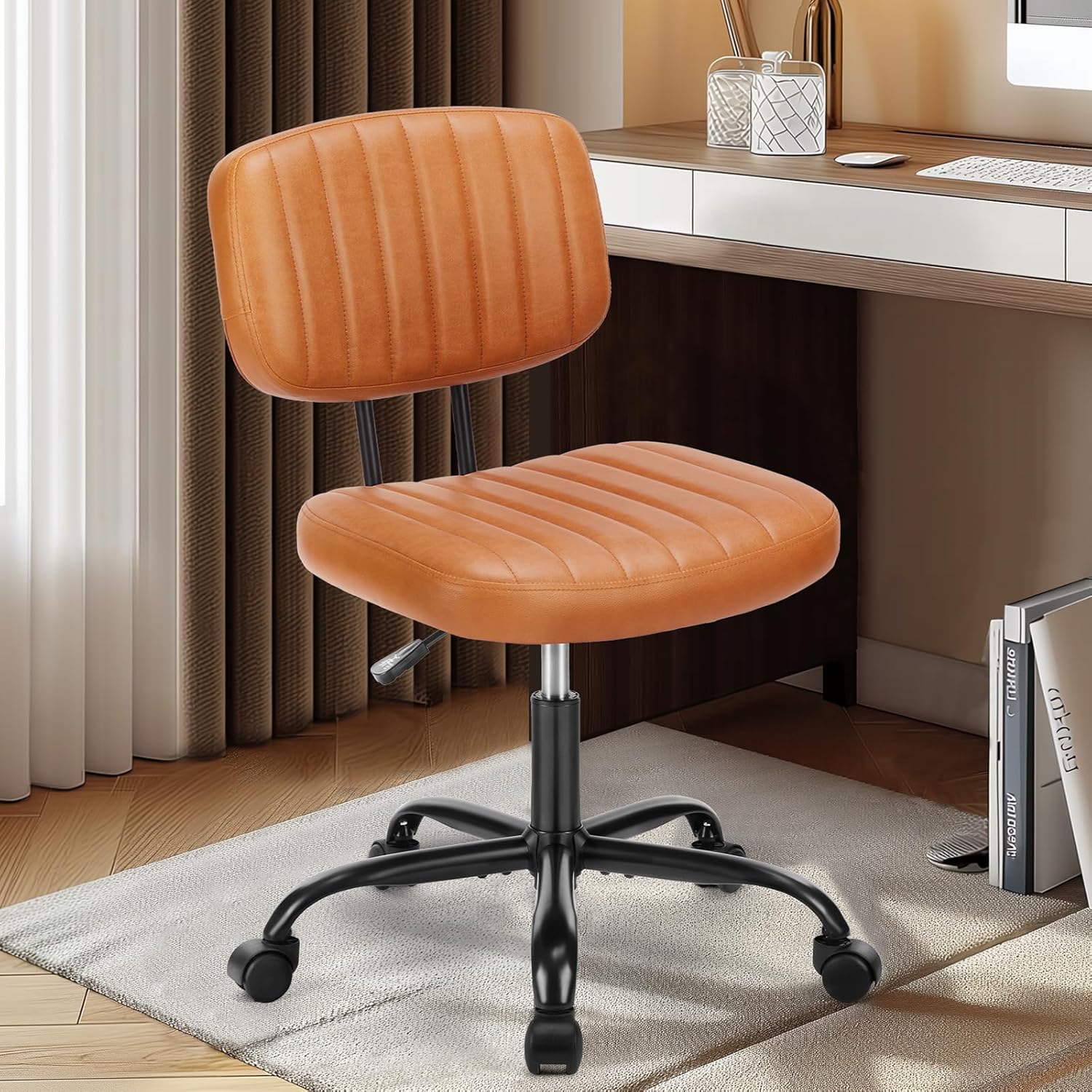 Home Office Desk Chair - Ergonomic Armless PU Leather Computer Rolling Task Chair??with Comfy Lumbar Support and Height Adjustable, Vanity, Bedroom, Pink