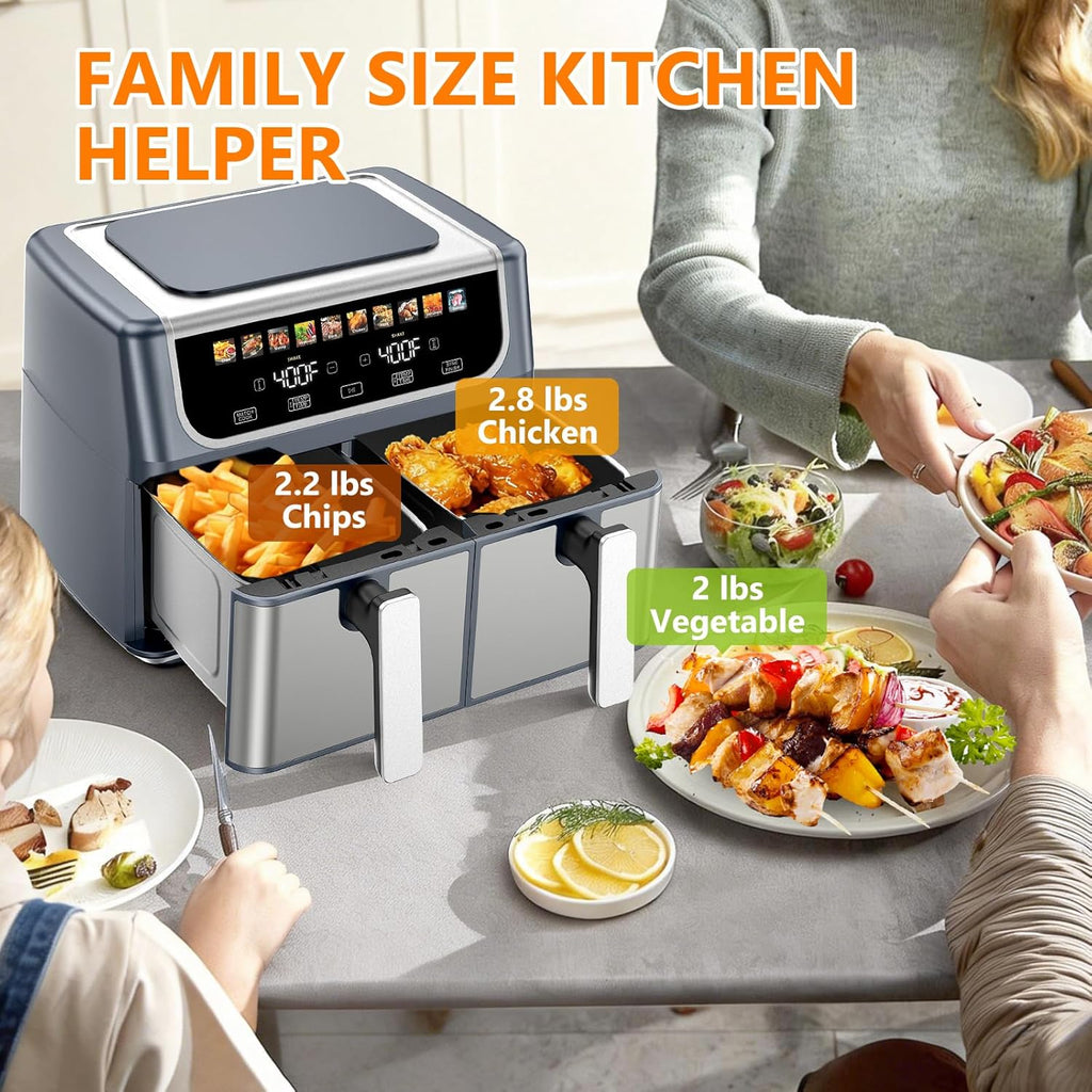 Dual Basket Air Fryer, 9.5 Quart Large Air Fryer with Double Basket, Independent TEMP Control, Sync Setting, Shake Reminder, 10 Presets for Bake, Broil, Defrost, Dehydrate, Grey