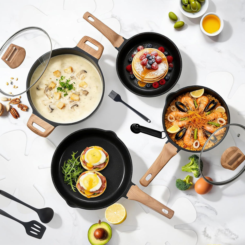 25 Pcs Pots and Pans Set, Nonstick Kitchen Cookware Set, Induction Cooking Sets with Stay-Cool Handles, Deep Black