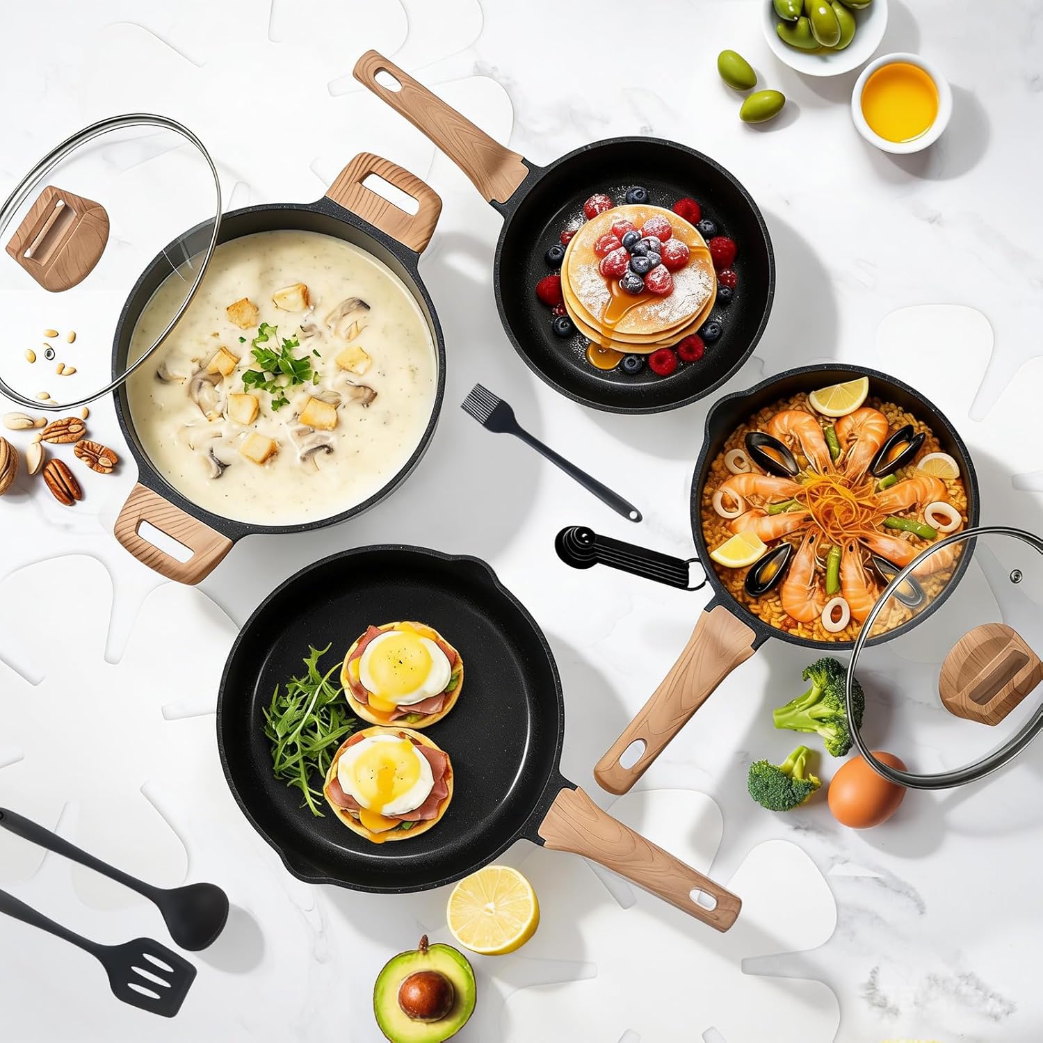 25 Pcs Pots and Pans Set, Nonstick Kitchen Cookware Set, Induction Cooking Sets with Stay-Cool Handles, Deep Black