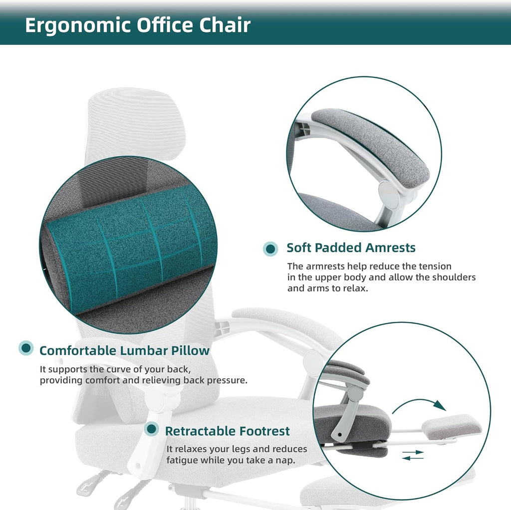 Home Office Desk Chair with Footrest, High-Back Mesh Rolling Swivel Reclining Chairs with Wheels, Comfortable Headrest, Lumbar Support, Comfy Arms for Home, Office, Gaming, Student,Elegant Grey