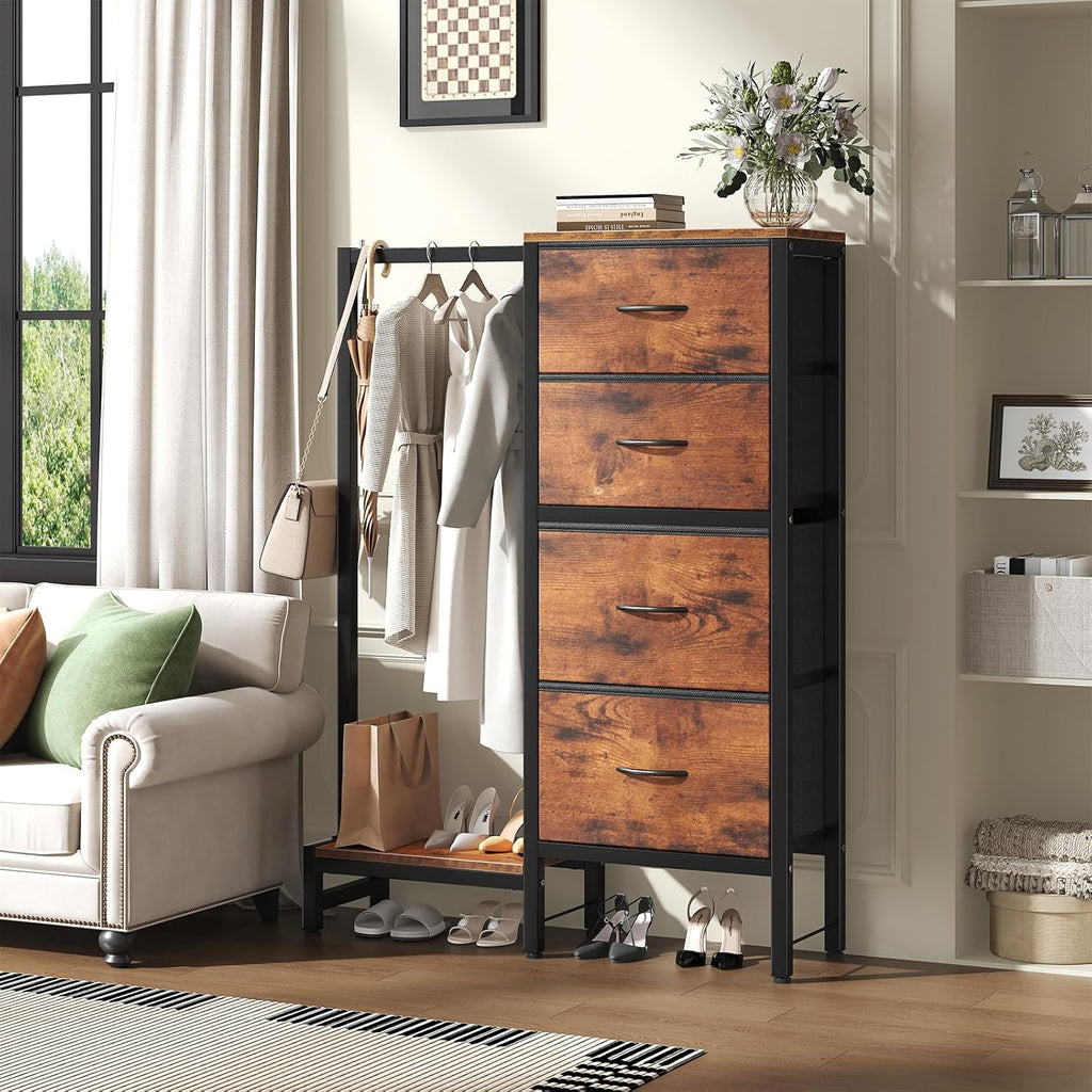 Dresser with Hanging Rack, 4-in-1 Fabric Dresser for Bedroom, Closet Organizer with Clothes Rack, Shoe Rack & Hooks, Tall Storage Tower for Small Spaces, Apartment, Dorm, Rustic Brown