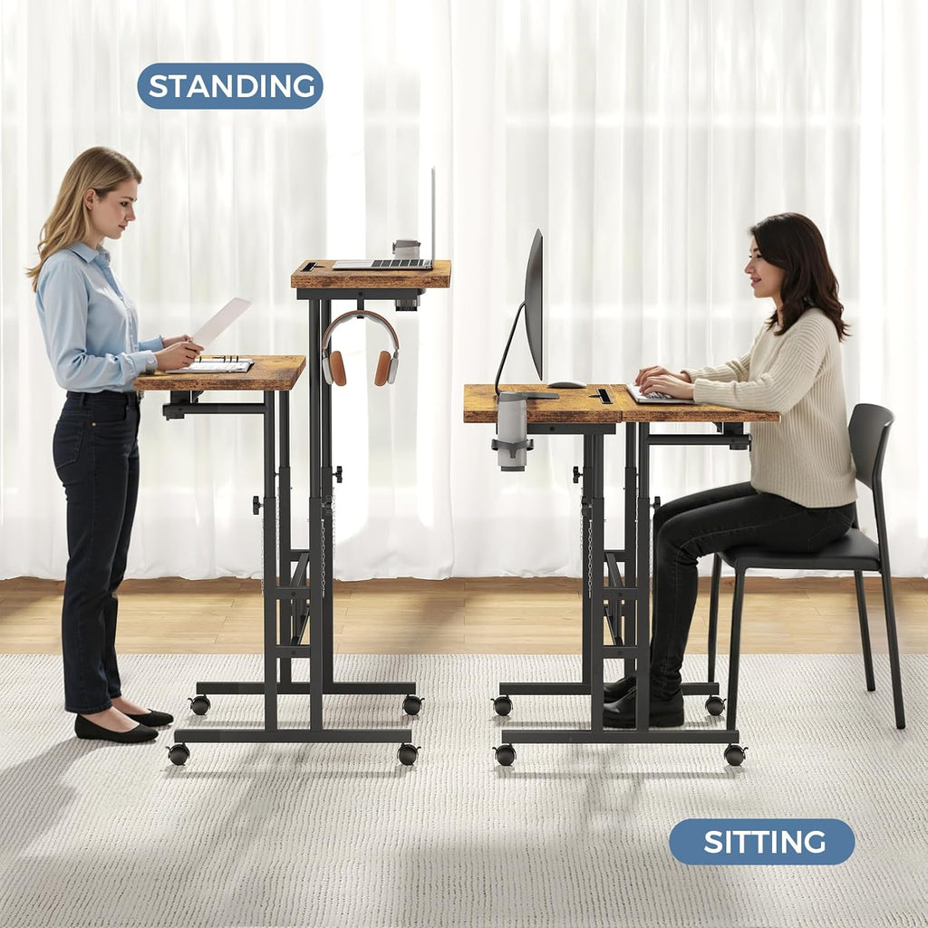 Split Top Rolling Standing Desk, 23.6 Inch Mobile Laptop Computer Desk, Manual Adjustable Height Workstation on Wheels, Sit Stand Office Table, Walking Pad Study Desk, Rustic Brown