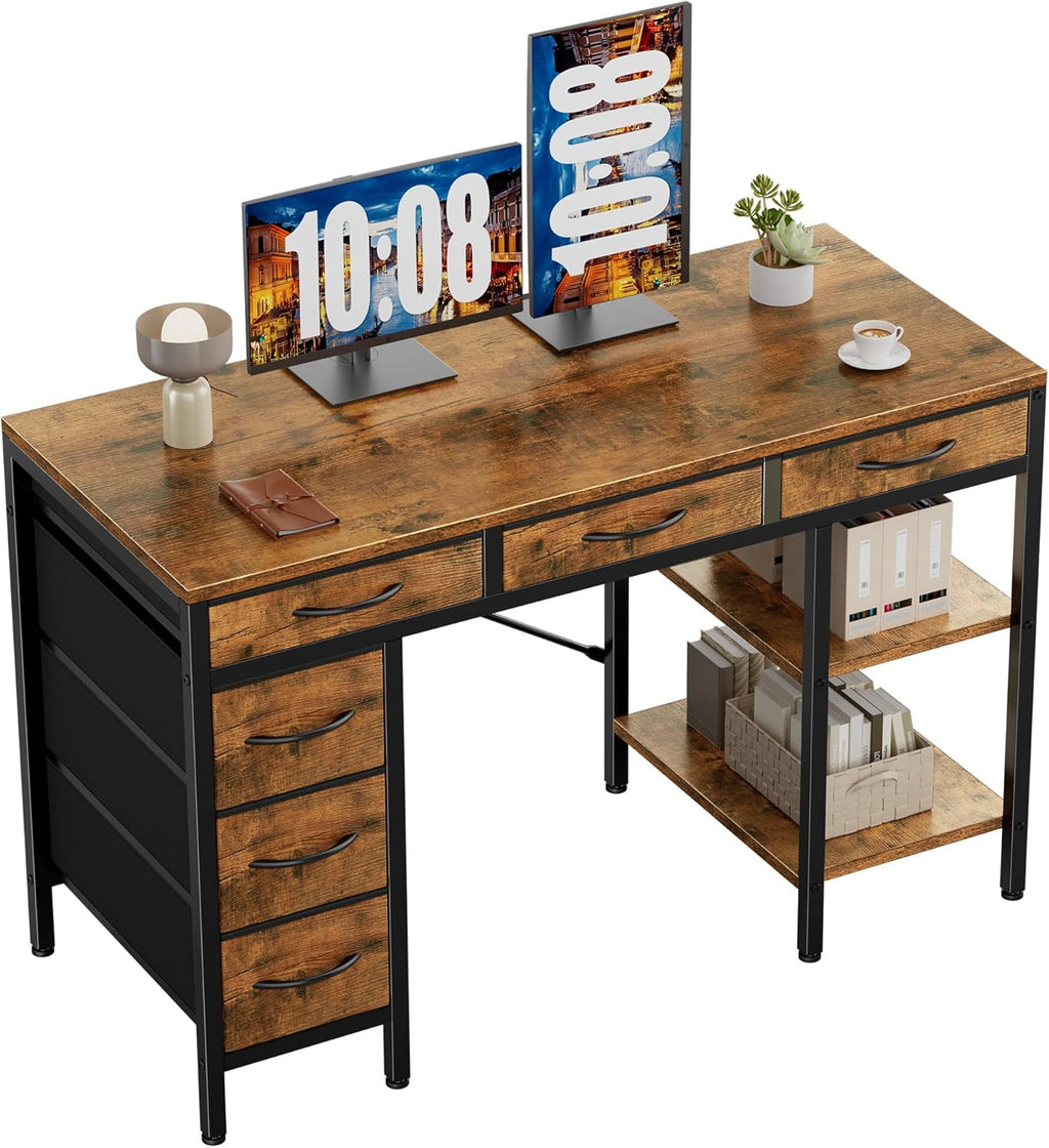 47 Computer Desk with 6 Drawers, Home Office Gaming Desks with Storage Shelves for Bedroom, Writing Study Corner Living Room Work Table Rustic Brown