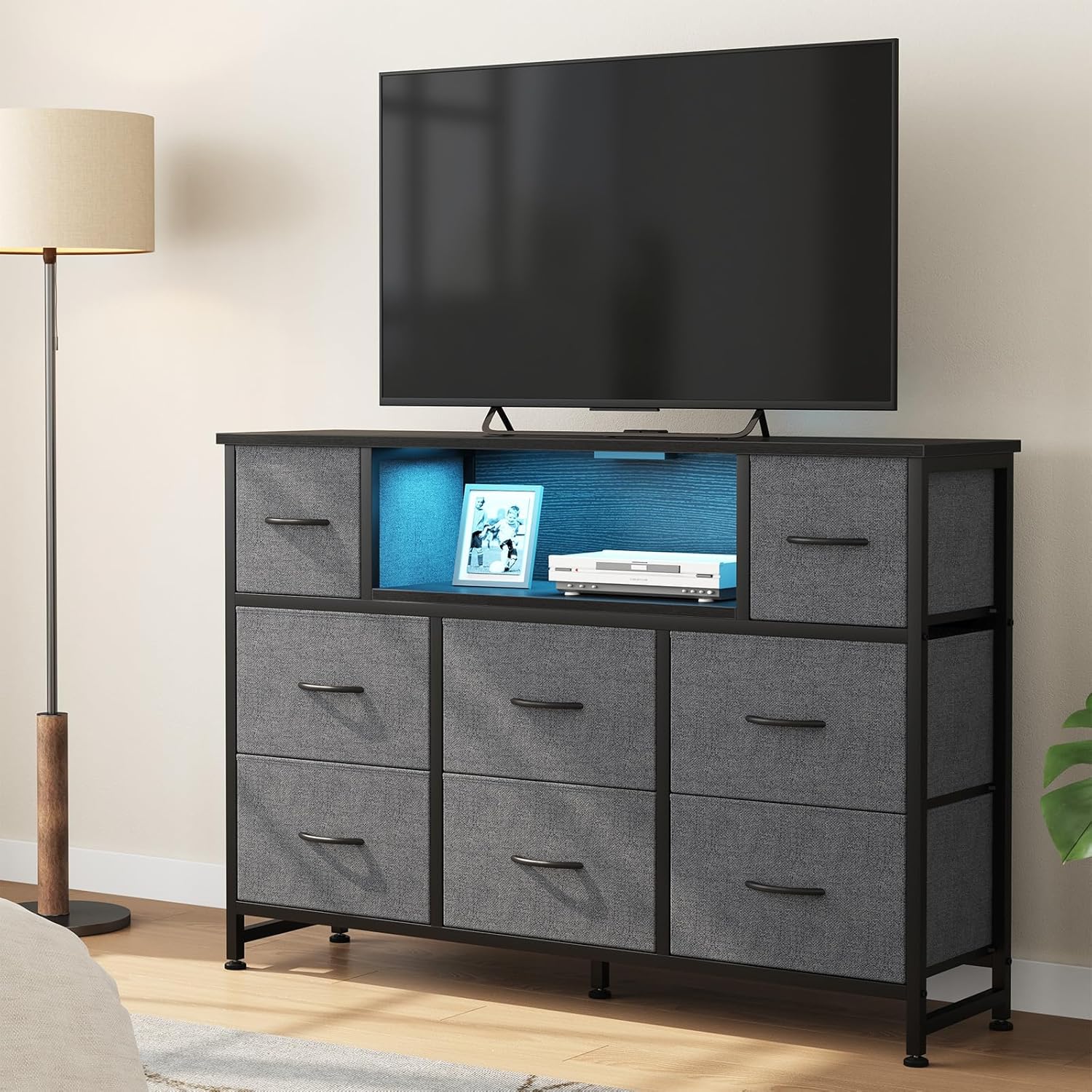 TV Stand Dresser with 8 Fabric Drawers and Open Shelves, LED Entertainment Center with Charging Station, Wood Top Media Console for 45-55 inch, Bedroom, Grey