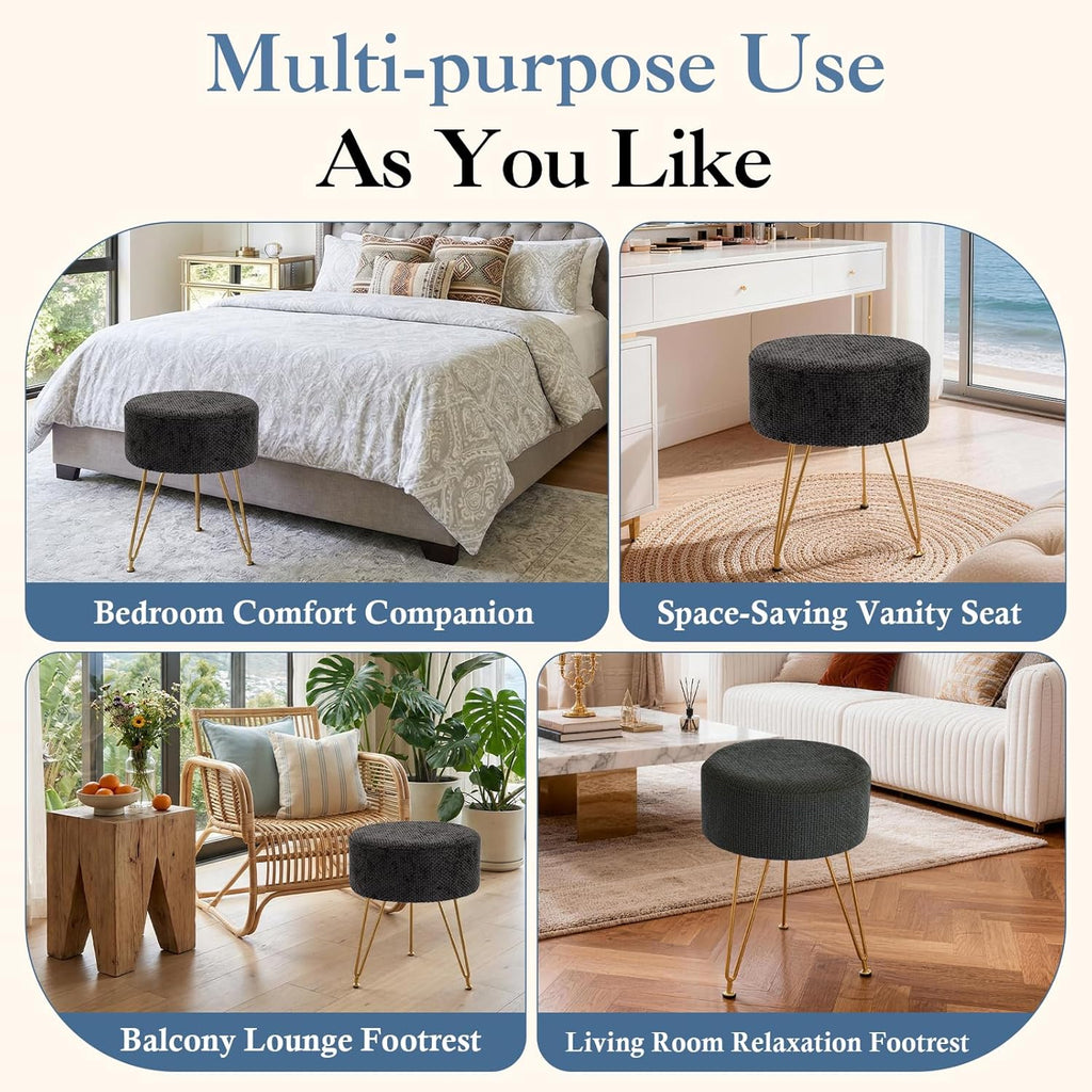 Velvet Vanity Stool, 350LBS Heavy-Duty Makeup Stool with 4CM Thick Cushion, Round Ottoman Footrest Chair for Bedroom, Bathroom, Dressing Table, Easy-Clean Soft Fabric, Black