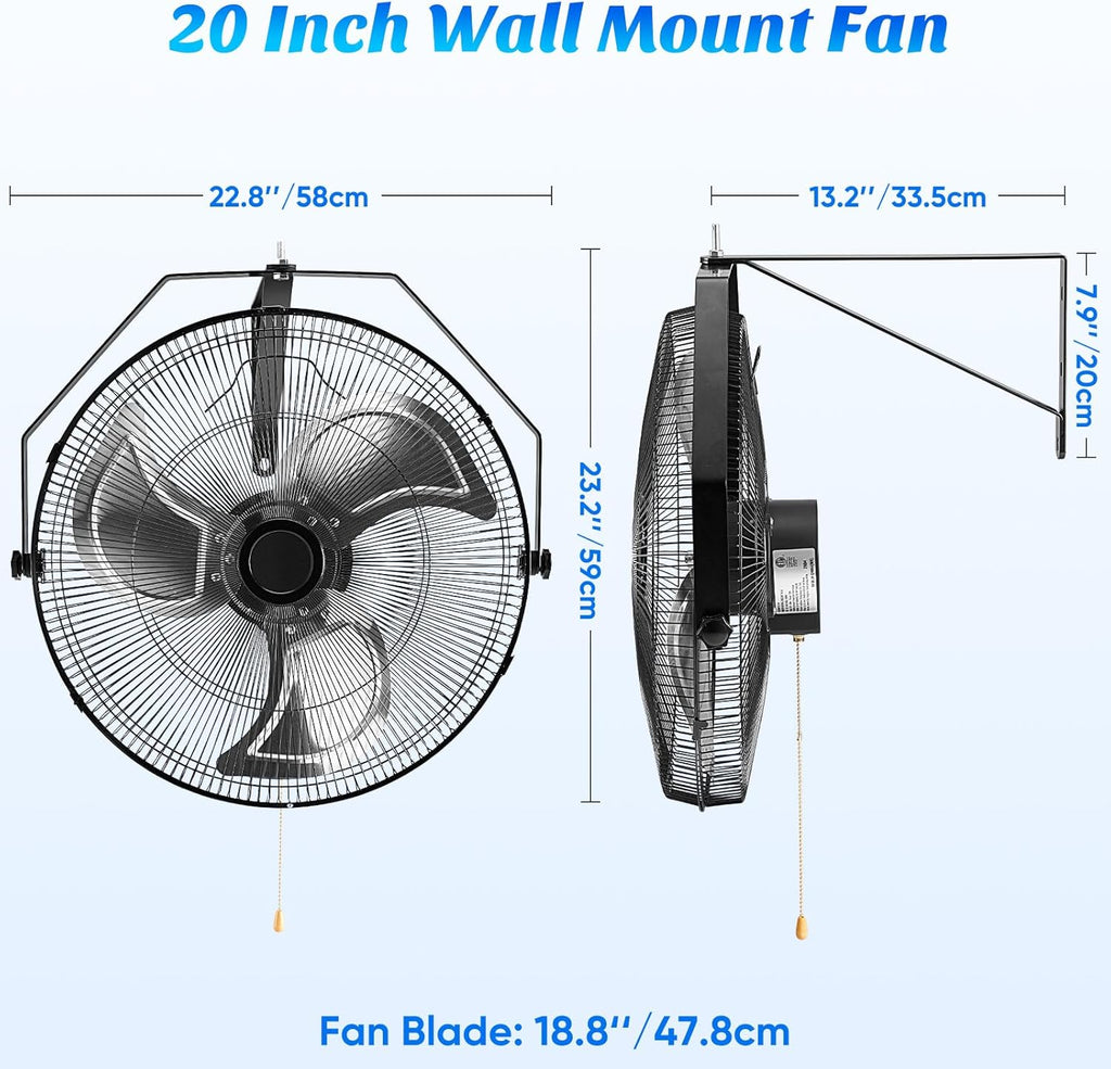 20 Inch Wall Mount Fan, 3400 CFM, 3-Speed High Velocity Fan, Vertical & Horizontal Adjustable Tilt for Industrial, Commercial, Warehouse, Greenhouse, Black