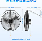 20 Inch Wall Mount Fan, 3400 CFM, 3-Speed High Velocity Fan, Vertical & Horizontal Adjustable Tilt for Industrial, Commercial, Warehouse, Greenhouse, Black