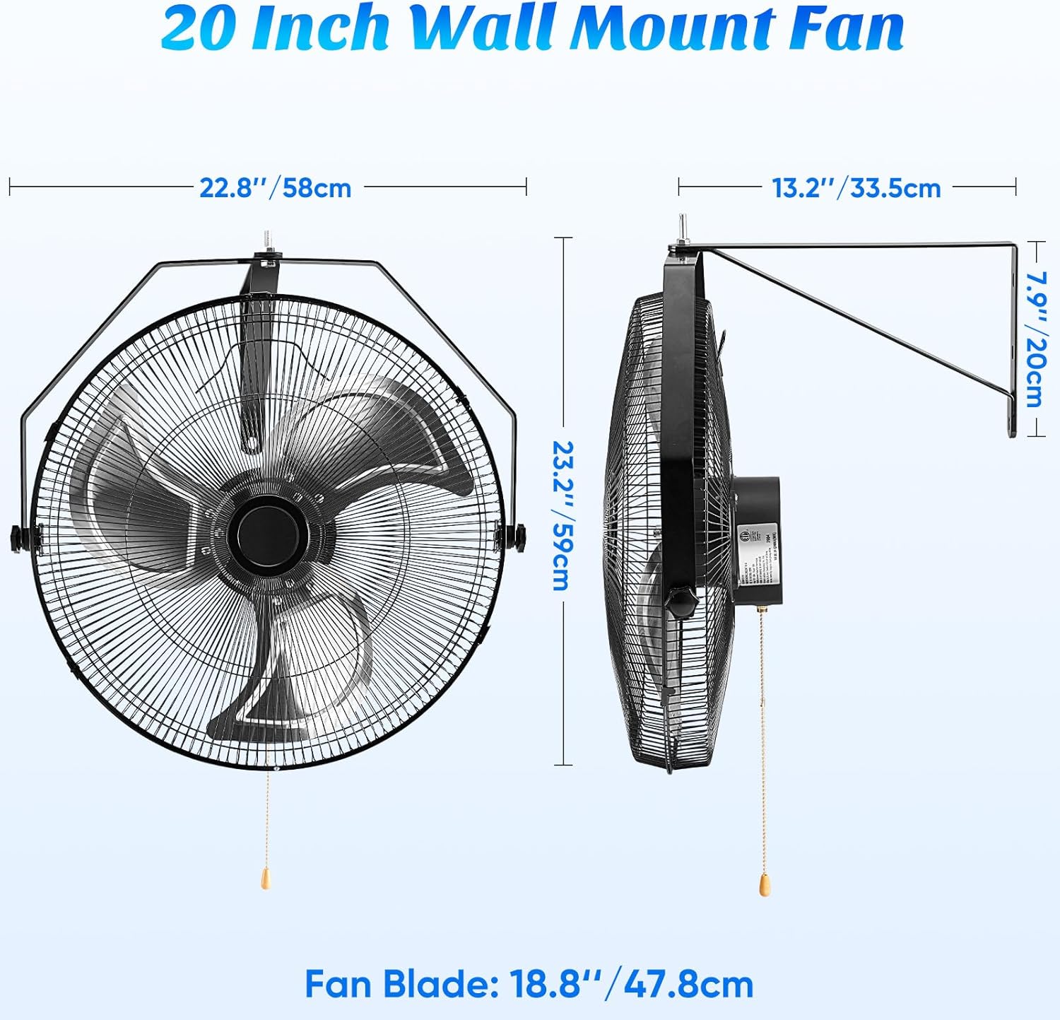 20 Inch Wall Mount Fan, 3400 CFM, 3-Speed High Velocity Fan, Vertical & Horizontal Adjustable Tilt for Industrial, Commercial, Warehouse, Greenhouse, Black