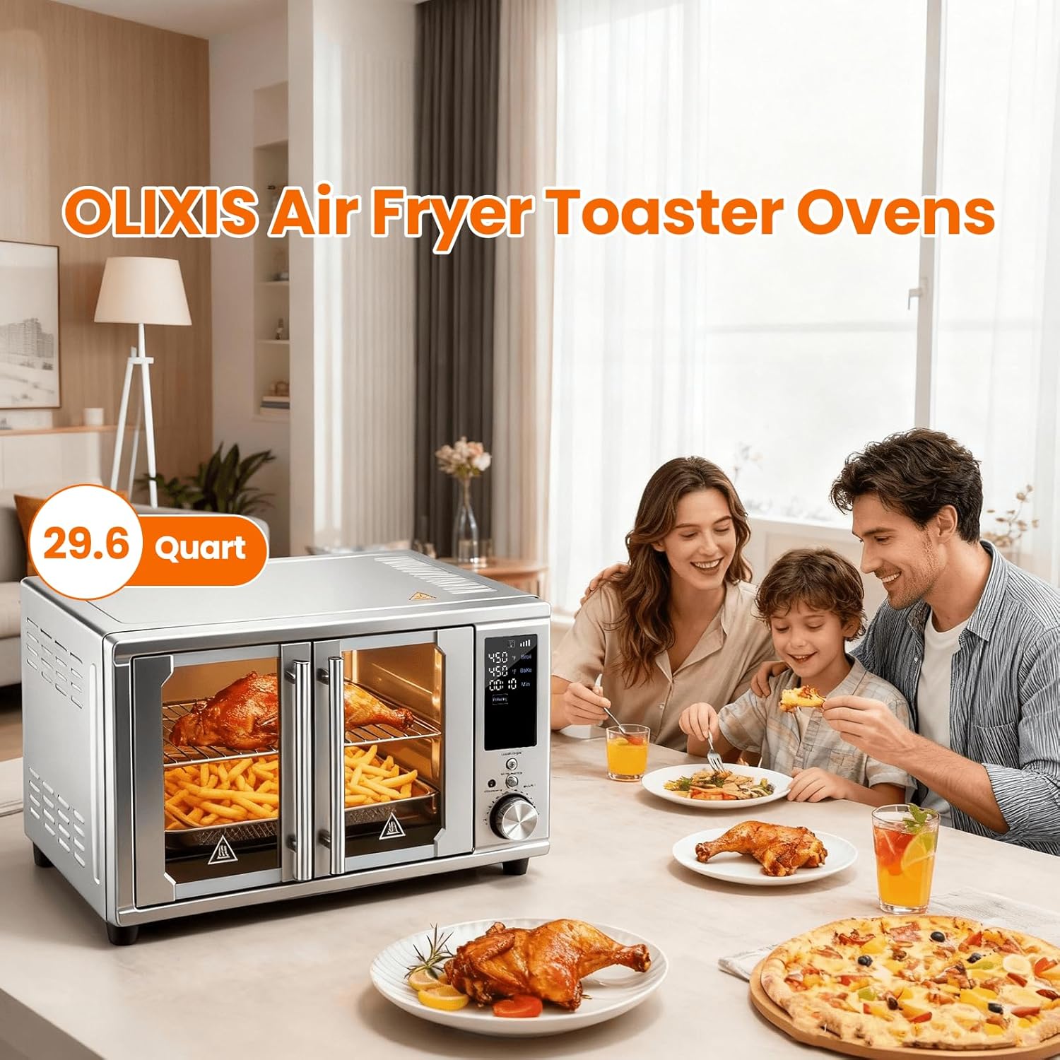 Air Fryer Toaster Oven Combo Dual Door, 29.6QT Oven Countertop 12 Functions in 1, 7 Accessories Included, Stainless, Up to 450??F