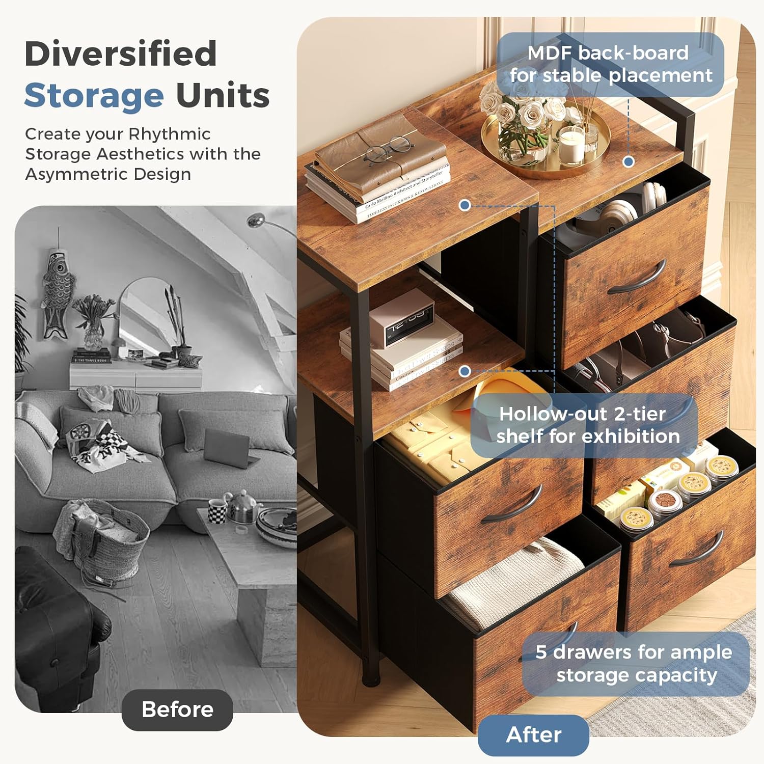 5 Drawer Fabric Dresser with Side Cabinet & Open Shelf, Storage Organizer Tower with Raised Top, Chest of Drawers for Bedroom, Closet, Hallway, Entryway & Living Room, Rustic Brown