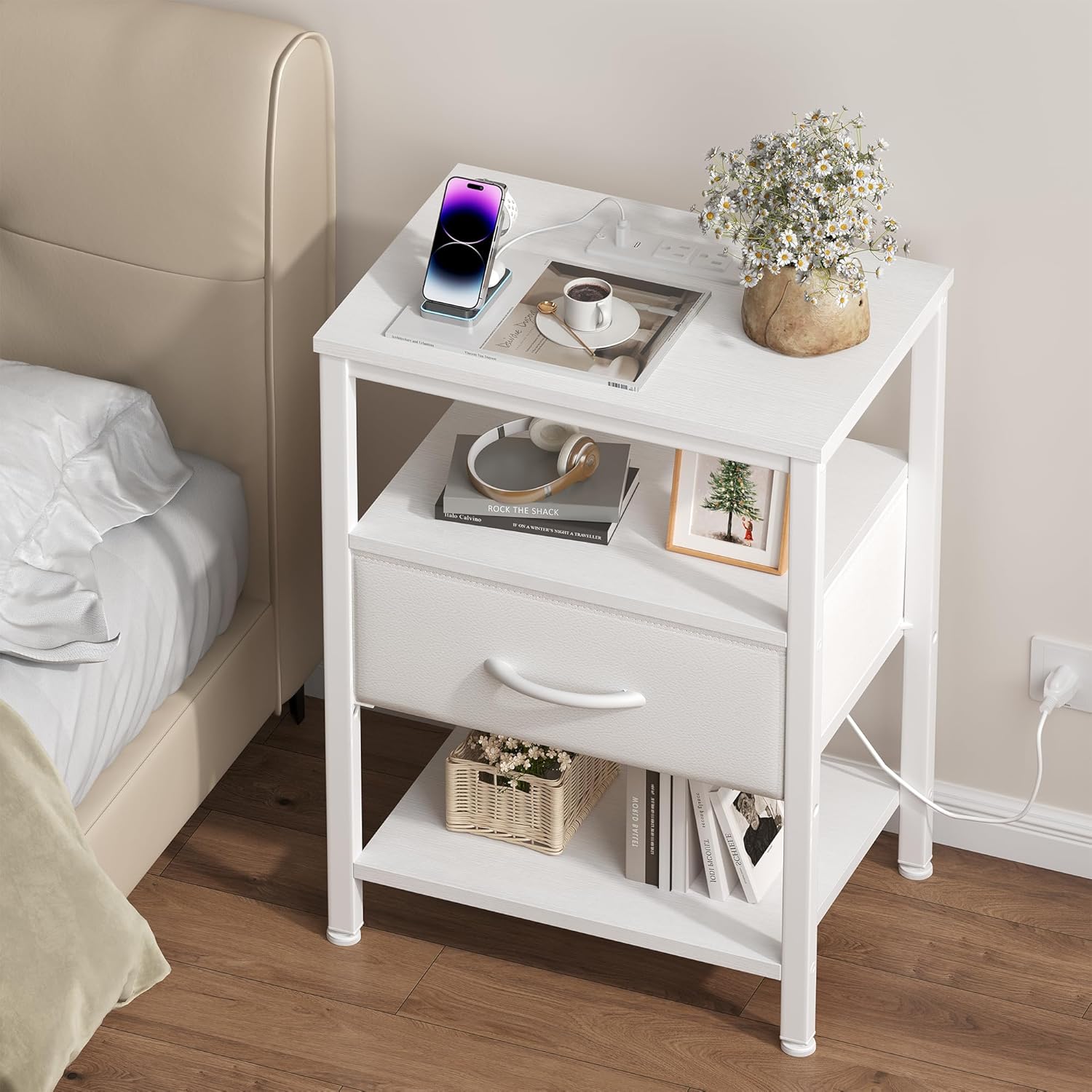 Nightstands Set of 2 with Charging Station, Bedside Table with USB Ports & Type-C, 2 Fabric Drawers Night Stand with Open Shelf, Compact End Table for Bedroom, Rustic Brown