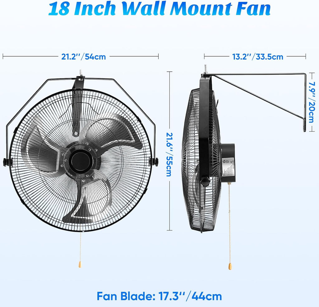 18 Inch Wall Mount Fan, 2600 CFM, 3-Speed High Velocity Fan, Vertical & Horizontal Adjustable Tilt for Industrial, Commercial, Warehouse, Greenhouse, Black
