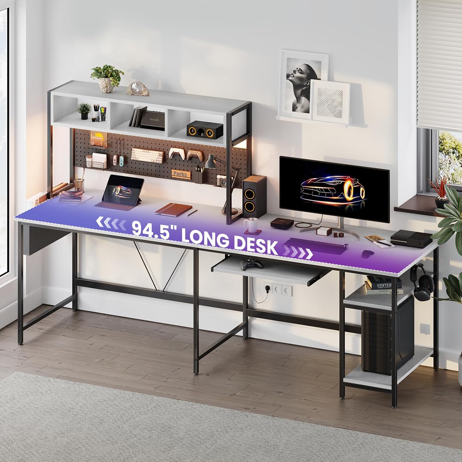 L Shaped Gaming Desk 67, Reversible Computer Desk with LED Lights, Corner Desk for Small Spaces with Keyboard Tray & Storage Shelf, Metal Frame PC Gaming Table for Home Office Bedroom, White
