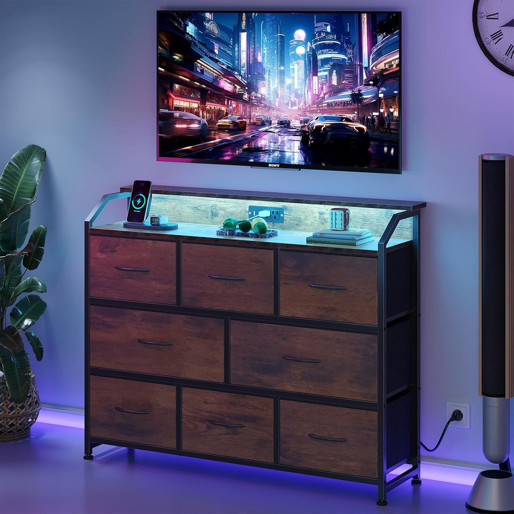 TV Stand Dresser with 8 Fabric Drawers, 8-Drawer Chest of Drawers with APP Control LED Lights and Type-C Charging Station, Fabric Storage Tower TV Stand for Living Room, Brown