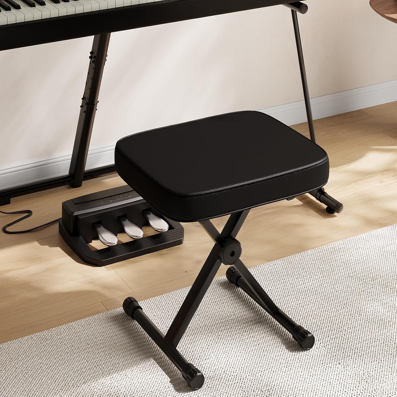 Adjustable Padded Keyboard Bench, X-Style Collapsible Piano Guitar Stool with 2.56 Inch Thickness High-Density Sponge and 3-Position Height, Waterproof Non-Skid Design, White