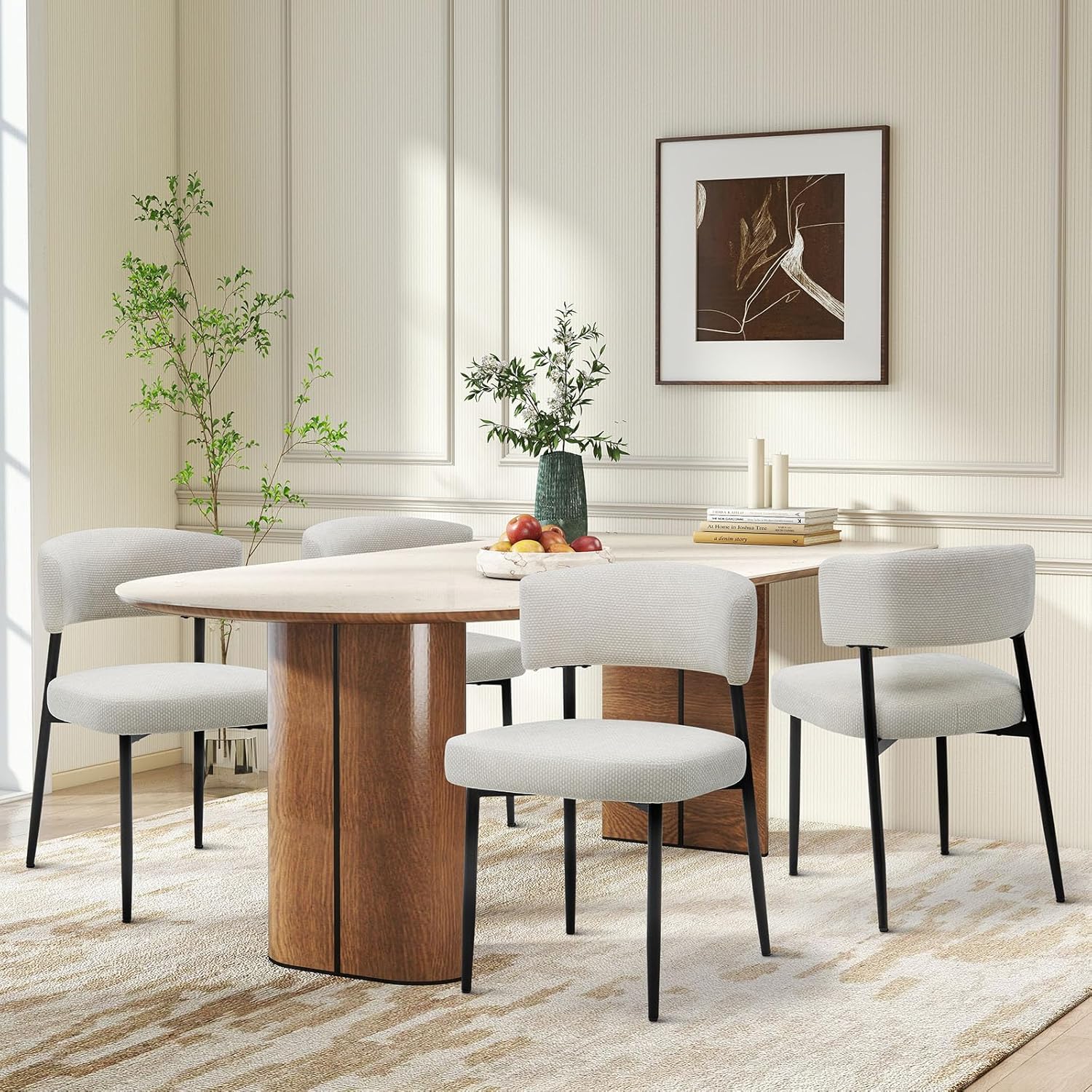 Dining Chairs Set of 4, Mid Century Modern Chair Round Upholstered Curved Backrest, Kitchen Vanity Living Room Chairs with Black Metal Legs, Beige