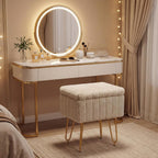 Vanity Stool Chair with Storage, Small Ottoman Faux Fur Soft Padded Footstools Seat with 4 Metal Legs Anti-Slip Adjustable Feet Modern Footrest for Home Entryway Bedroom Makeup Camel