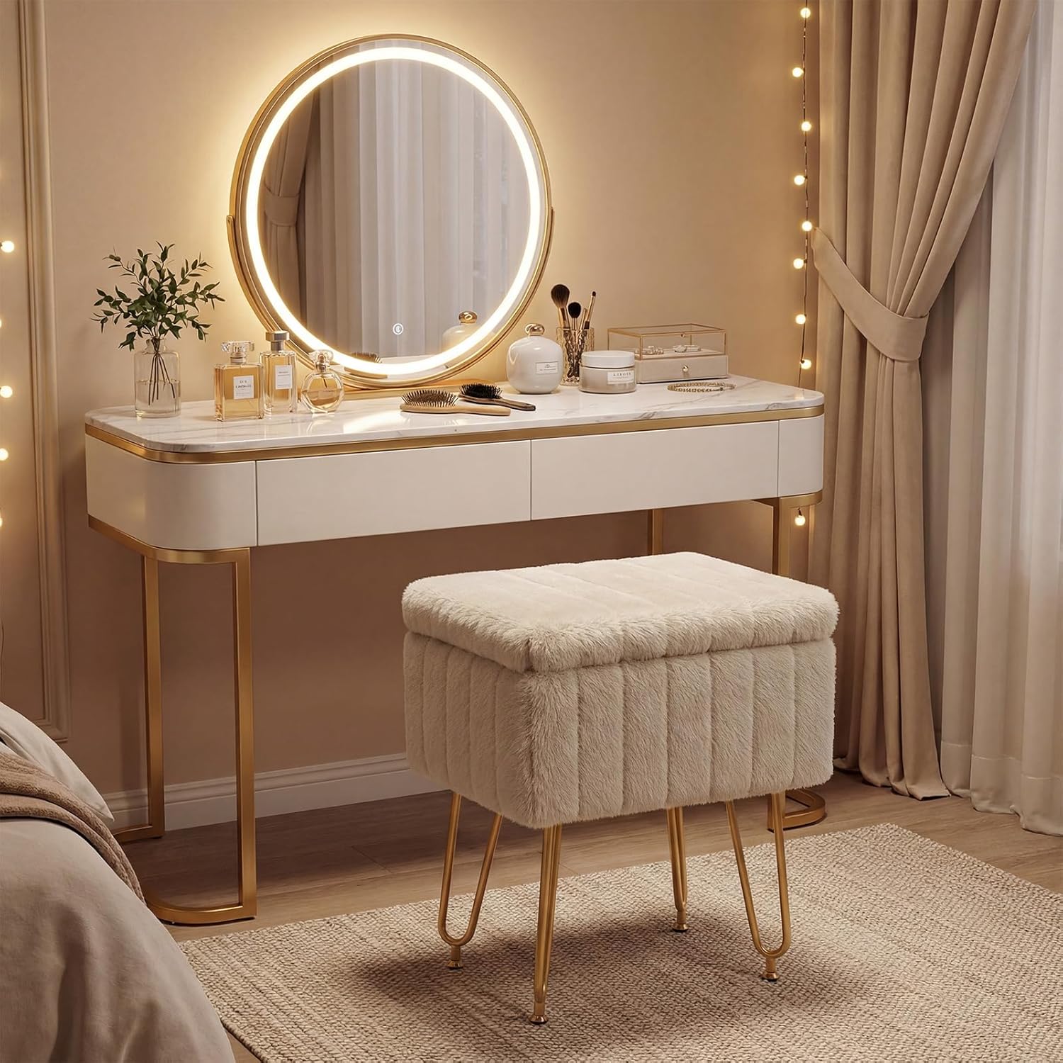 Vanity Stool Chair with Storage, Small Ottoman Faux Fur Soft Padded Footstools Seat with 4 Metal Legs Anti-Slip Adjustable Feet Modern Footrest for Home Entryway Bedroom Makeup Camel