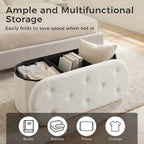 43 inches Folding Storage Ottoman Bench, Oval Round Ottoman End of Bed Foot Rest Bench Stool with Cushion, Storage Chest for Bedroom, Living Room, Entryway, White