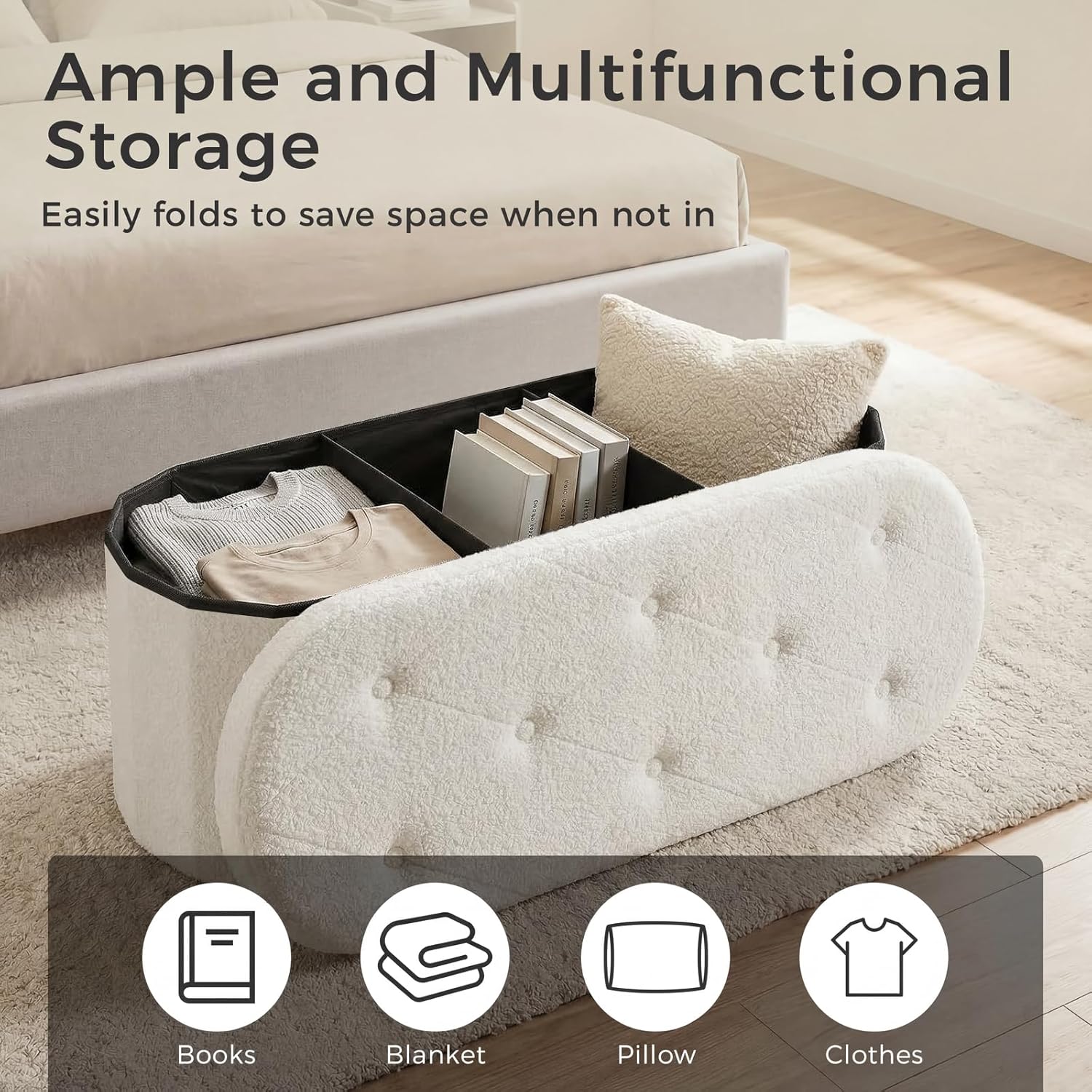 43 inches Folding Storage Ottoman Bench, Oval Round Ottoman End of Bed Foot Rest Bench Stool with Cushion, Storage Chest for Bedroom, Living Room, Entryway, White