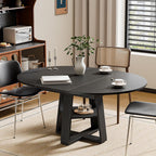 Extendable Round Dining Table for 4-8, Modern Kitchen Oval Dinner Table with Storage Shelf, Wood Pedestal Table, Space Saving Modern Style, Black
