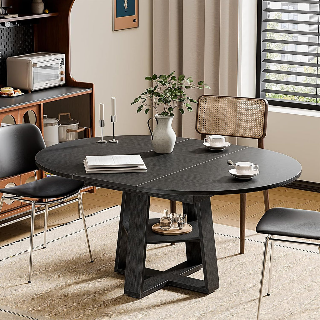 Extendable Round Dining Table for 4-8, Modern Kitchen Oval Dinner Table with Storage Shelf, Wood Pedestal Table, Space Saving Modern Style, Brown