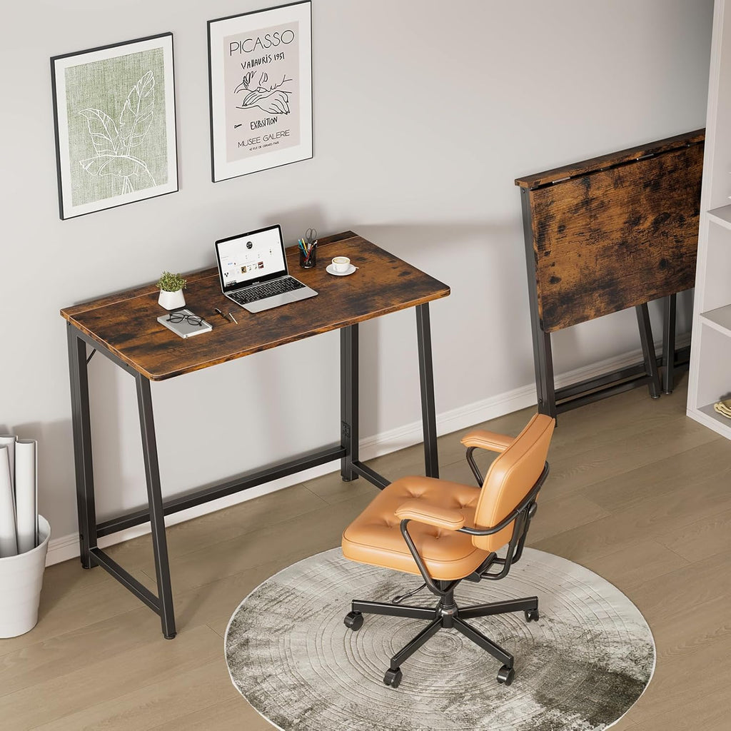 31.5 Inch Folding Desk, Foldable Computer Table for Small Spaces, Metal Frame Gaming Writing Work Station, Mini Home Office Surface, Rustic Brown