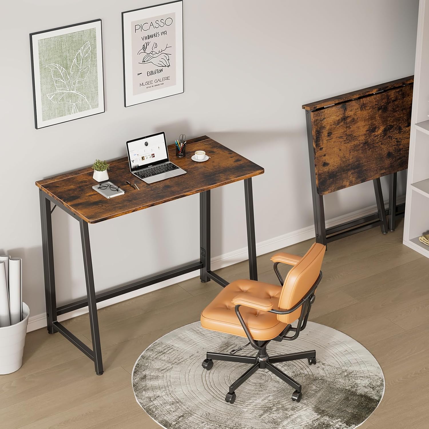 31.5 Inch Folding Desk, Foldable Computer Table for Small Spaces, Metal Frame Gaming Writing Work Station, Mini Home Office Surface, Rustic Brown