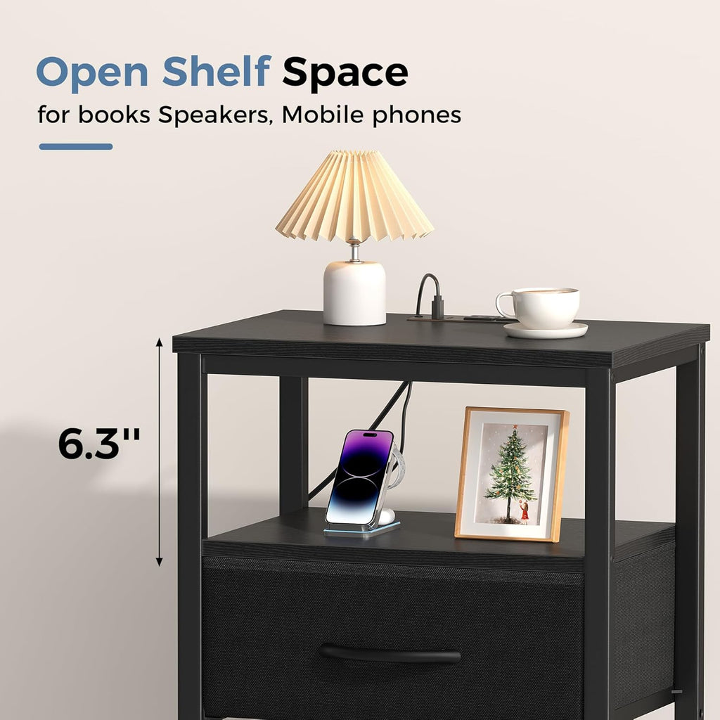 Nightstands Set of 2 with Charging Station, Bedside Table with USB Ports & Type-C, 2 Fabric Drawers Night Stand with Open Shelf, Compact End Table for Bedroom, Rustic Brown